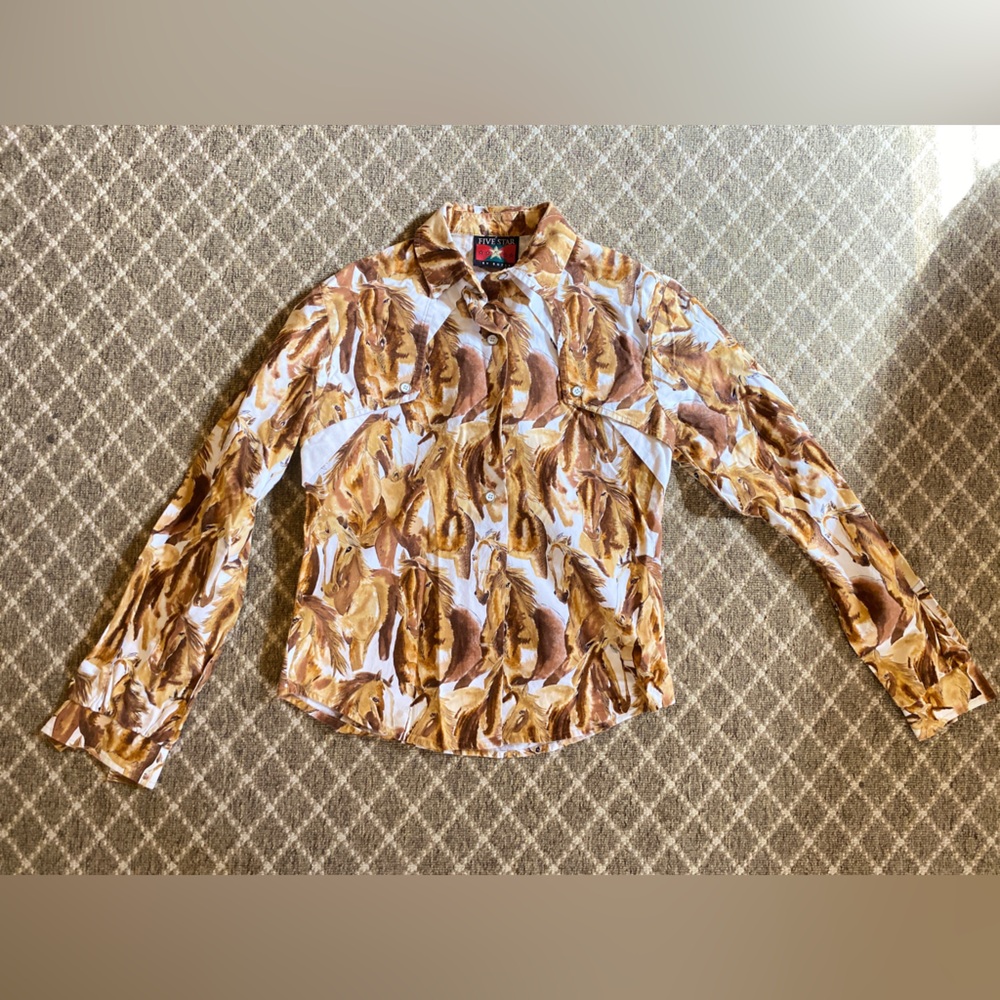 Women’s Brown and White Horse Patterned Long Sleeve Shirt, Size XXS